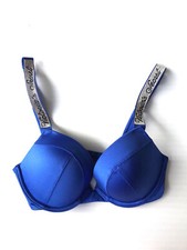 Victoria's Secret Shine Logo Strap Rhinestone Push-up Bikini Top Blue NWT