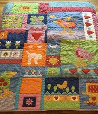 Quilted Colorful Whimsical Crib Blanket Birds Rooster Cats Hearts Baby Nursery