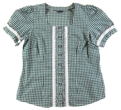 Laura Torelli Classic Green White Plaid Button Down Ruffle Short Sleeve Blouse L