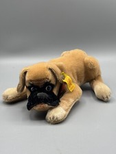 Vintage Steiff 1983 Bobby Boxer Laying Down Brown with Red Ribbon 0118/25