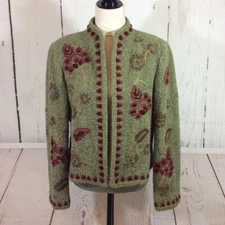 Vintage Carlisle Alpaca Wool Open Jacket Womens 8 Green Embroidered Elegant Chic