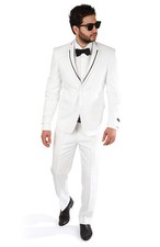 Slim Fit White Men's Tuxedo With Black Trim Collar 2 Button Notch Lapel By AZAR