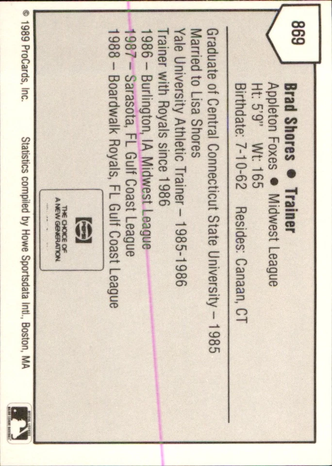 Brad Shores 1989 ProCards Minor League T/S #869 RC Appleton Foxes *AutographDen* - Image 2 of 2