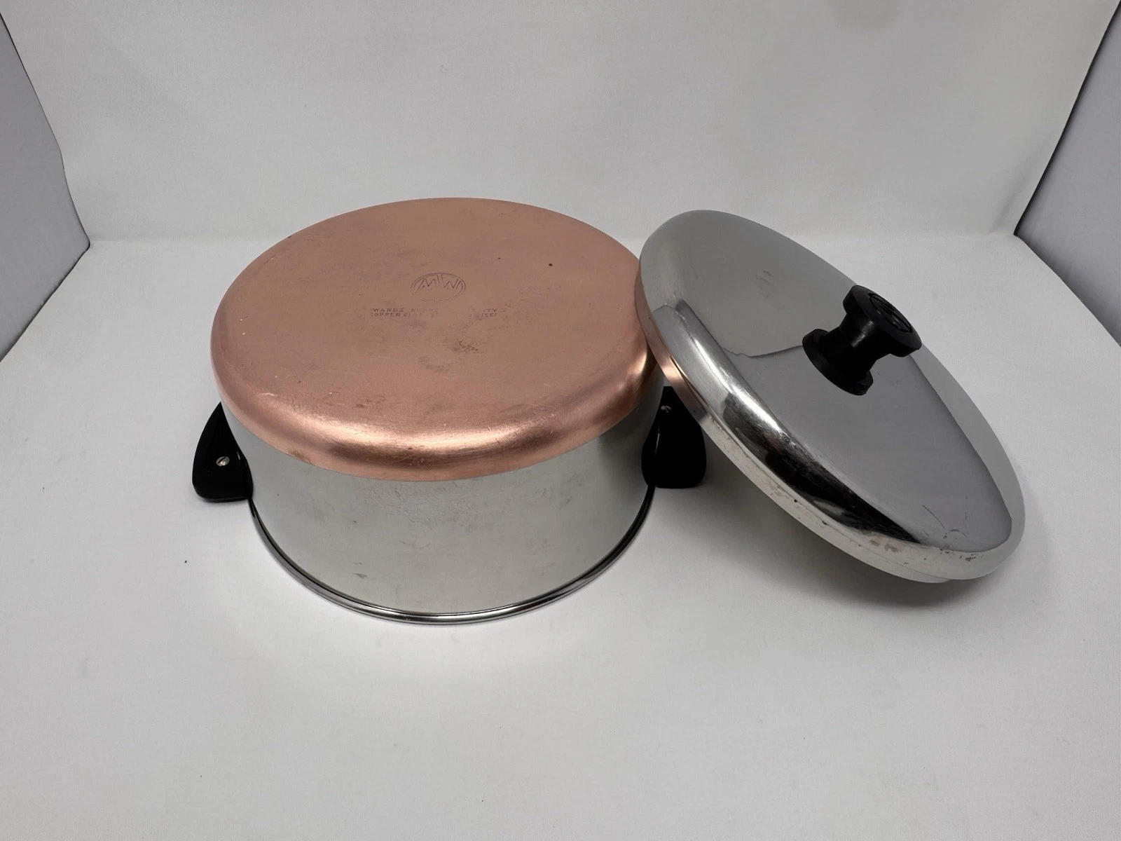 Montgomery Ward MW Ware 5 Qt Copper Clad Bottom Stock Pot w Lid Vintage