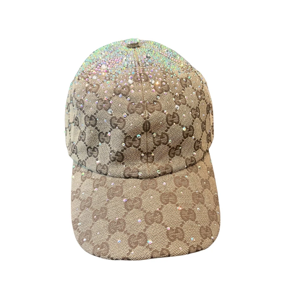 Chapéu de beisebol ajustável Gucci Crystals GG marrom lona - Imagem 2 de 4