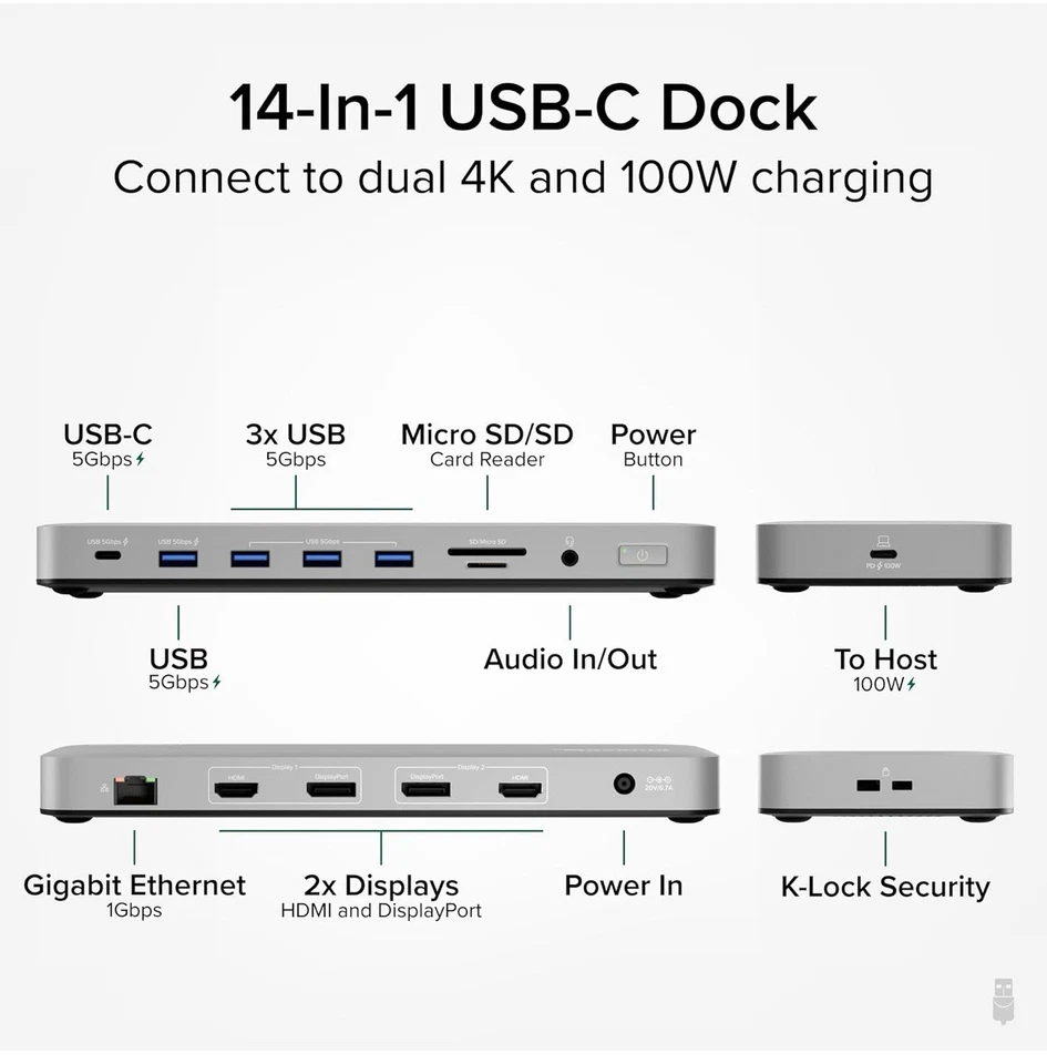 Plugable USB-C Dual 4K Displays, 100W, 2x HDMI 2x DisplayPort For Apple M1-M4 - Image 3 of 4