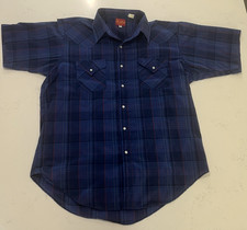 Ely Plains Western Short Sleeve Shirt Pearl Snap Blue Plaid Men's Lg Casual