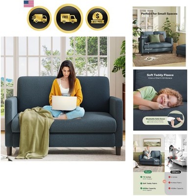 Small Loveseat Sofa 51 inch Blue Grey Teddy Couch Comfortable Space Saver
