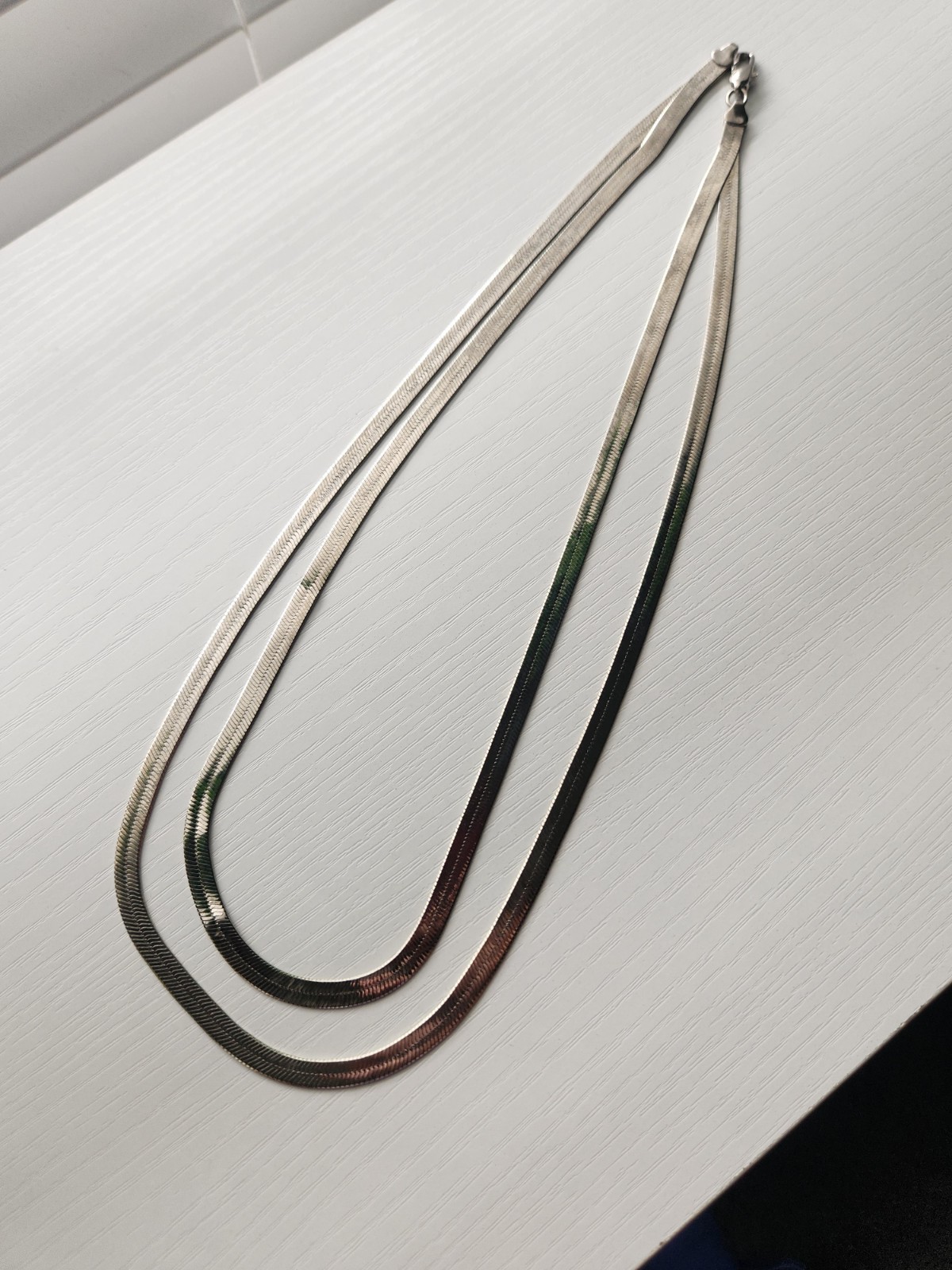 Double Strand Layered Silvertone Herringbone Link… - image 10