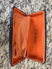 Cole Haan Brown Hard Eyeglass Case Orange Felt Lined Weave Pattern Faux Leather