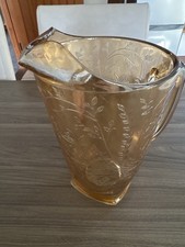 Large Vintage Iridescent Amber Pressed Glass Jug Floral Pattern  23.5 Cm Tall