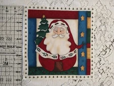 Primitive Christmas Santa Fabric Panel 8.75"x8.75" Square Red Green Holly
