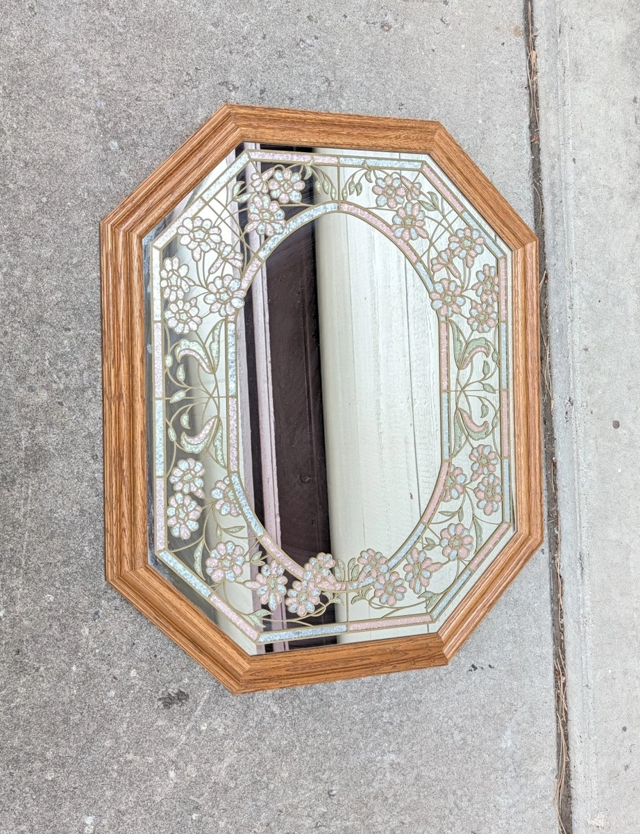 Vintage Windsor Art Pastel Blue Bonnets Etched Floral Octagonal Oak Wall Mirror