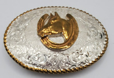 Vintage Crumrine Horse Head Horseshoe Belt Buckle Heavy Silver Plate on Bronze