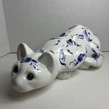 VTG Ceramic ELPA Alcobaca Cat Blue Floral GlassEyes Crouching 14 Inches Portugal