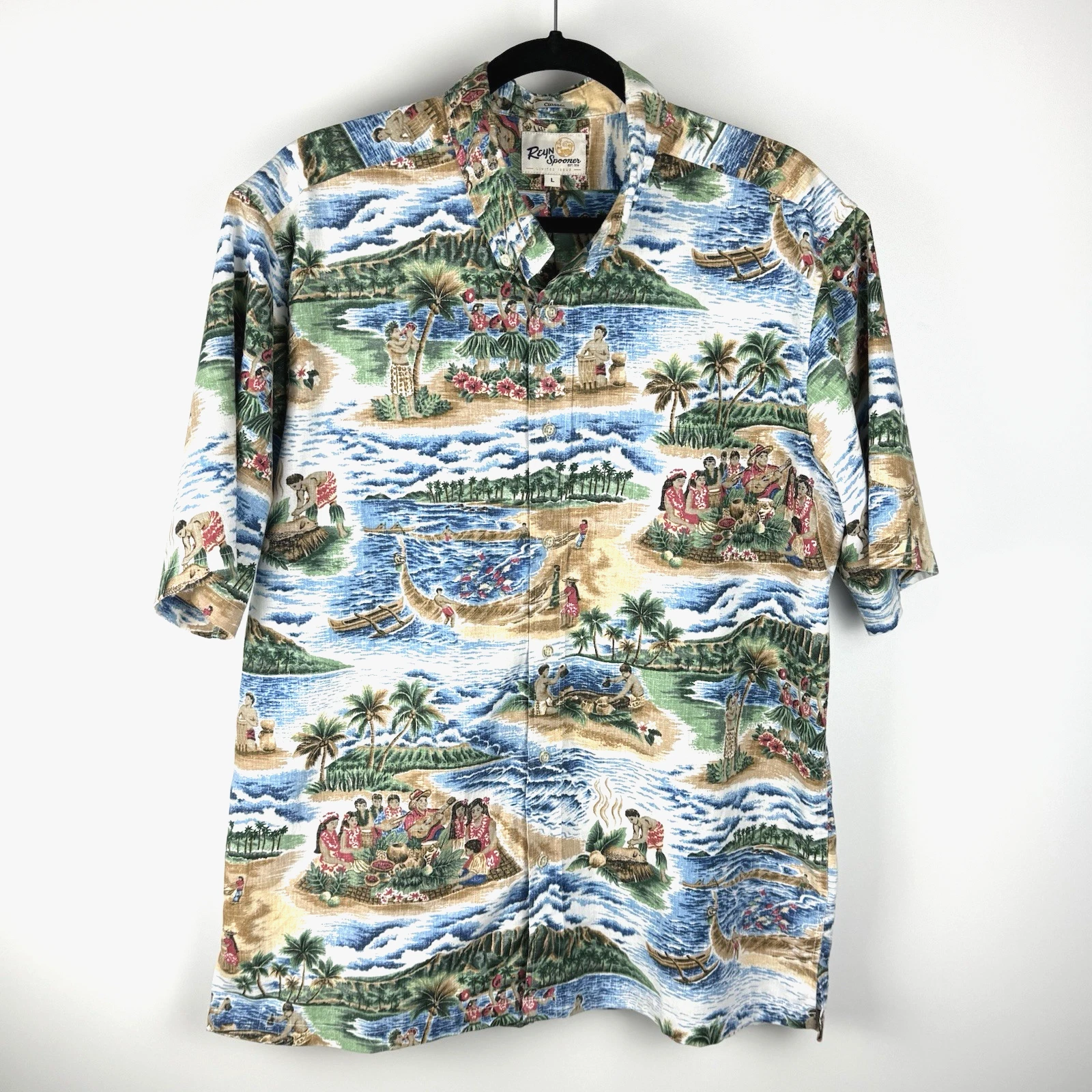 Reyn Spooner Hawaiian Shirt Mens L Ohana Luau Hula Girl Limited Issue Camp