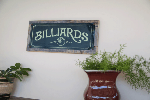 Billiards Metal Sign,On Handmade Rustic Reclaimed Wood Frame, Eight Ball, Pool - Picture 3 of 7
