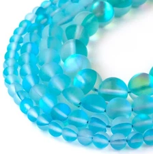 Matte Aqua Blue Mystic Aura Round Beads 15" Strand Frosted Mermaid Glass