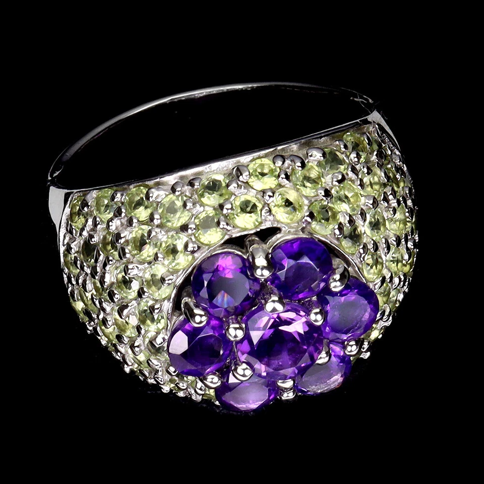 925 Sterlingsilber Ring Rund Amethyst Peridot Natur Edelstein Schmuck Größe 9 - Bild 3 von 4