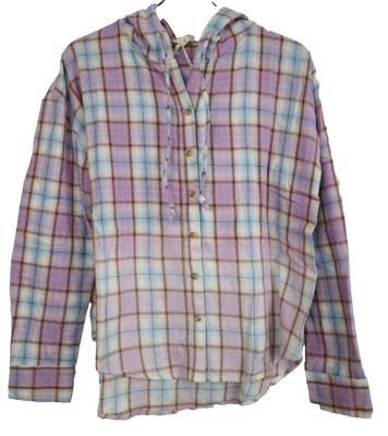 Hem and Thread Womens Hooded Shirt Medium Purple Plaid Deep Dye Button Up BOHO