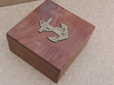 Vintage old Retro  wooden box Lidded storage brass decorative nautical anchor
