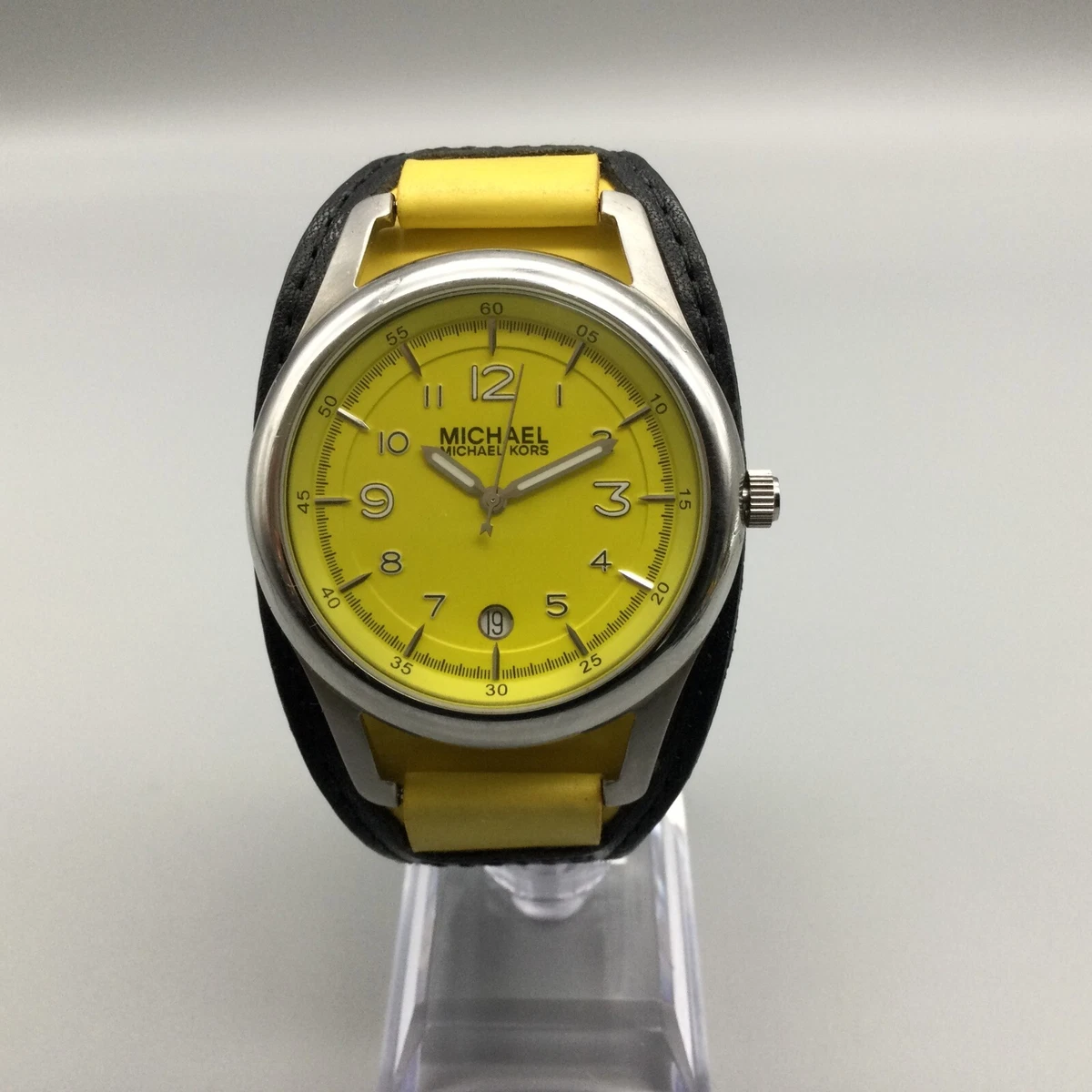 Michael Kors Watch Unisex Silver Tone Yellow Dial Cuff Leather