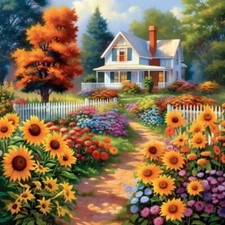 Wandbild: Bunte Sommerlandschaft mit Landhaus, Blumen und Zaun. Digitale [...]