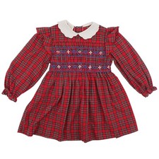 VTG Happy Kids Girls 5 Red Plaid Tartan Check White Collar Smocked Dress Holiday