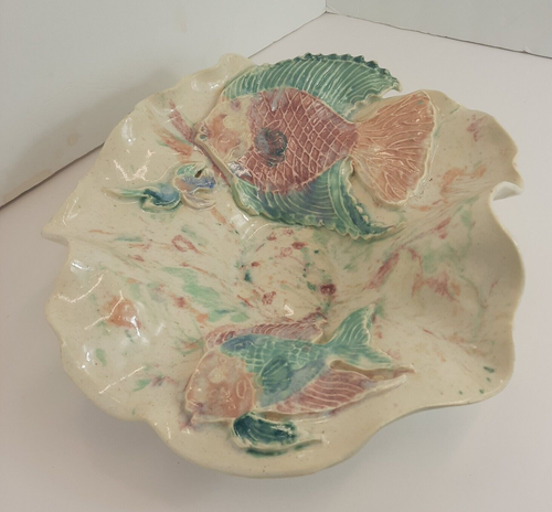 Pottery Bowl 14" Ocean Beach Nautical Applied Fish 80's Decor Large - Picture 3 of 5