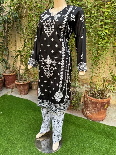 Pakistani Black Printed Straight Shirt 3-PCS Lawn Suit w/ Threadwork ,L - Picture 8 of 10