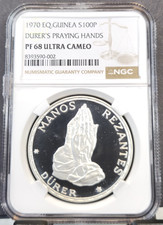 1970 EQ GUINEA SILVER 100 PESETAS DURER PRAYING HANDS NGC PF 68 ULTRA CAMEO RARE