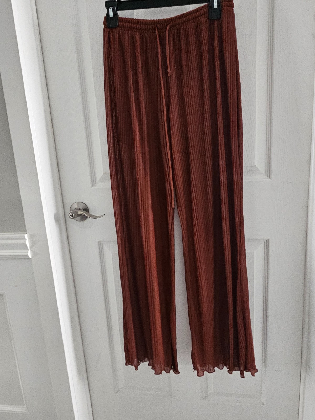 Womens Zara 2pc Brown ribbed Off-Shoulder Crop Top & Wide Leg Pants Lounge Set thumbnail 10