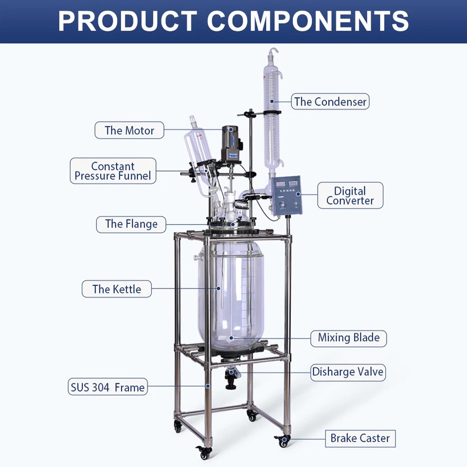 Recipiente reactor químico de vidrio agitado descarboxilación con doble cubierta de laboratorio 5L-100L - Imagen 4 de 4