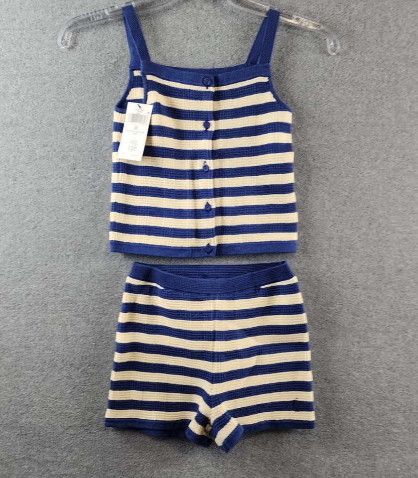 Conjunto de suéter y pantalones cortos Polo Ralph Lauren sin mangas a rayas para niñas 6X azul/crema Foto 2 de 4