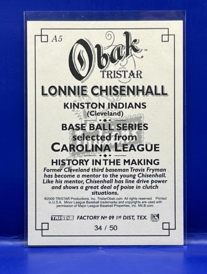 LONNIE CHISENHALL 2009 ROOKIE RC #A5 AUTO Tristar Obak #/50 Cleveland Indians - Imagem 2 de 2