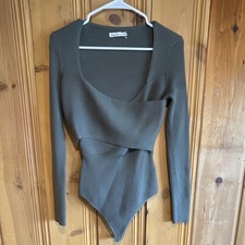 Abercrombie Fitch Women's Green Solid Ribbed Long Sleeve Bodysuit Size M
