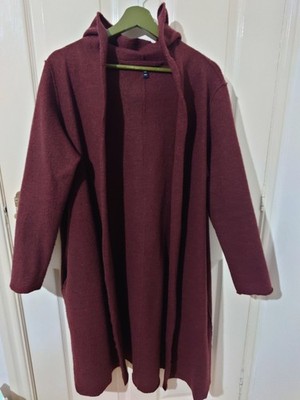 Eileen Fisher offene Jacke mit Kapuze gekochte Wolle burgund Mantel Gr. Medium Taschen