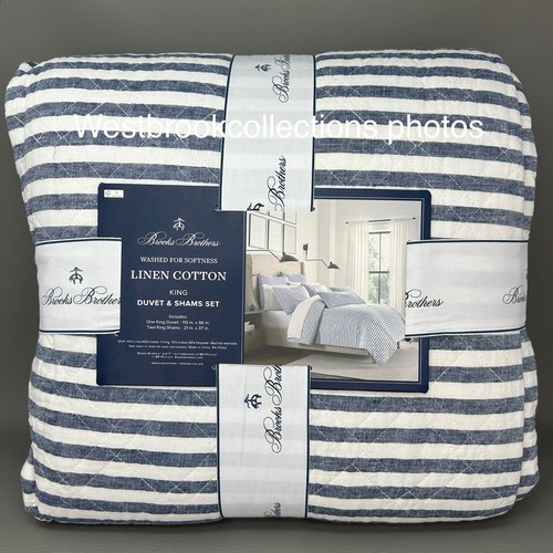 3pc BROOKS BROTHERS Linen Blend KING Duvet & Sham Set Quilted ~ Navy Stripe - Picture 2 of 6