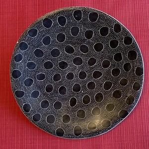 Vintage Pottery Black Plate / White Circles and Dots / Geometric Design / Kenya