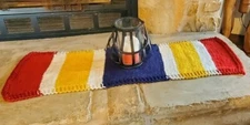 NEW Hand knit Multicolor TABLE RUNNER 12"x36" Decor Red Yellow Blue & Cream 
