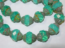 15 12x10mm Czech Glass Faceted Aqua Green Opal Picasso Turbine Beads