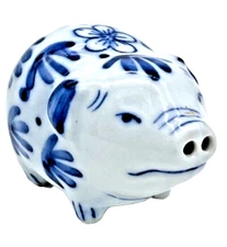 Vintage Blue White Pig with Flower Salt Shaker 1.5 in x 2 in Cute Collectable