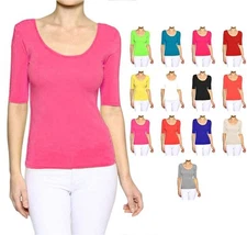 Solid Casual Cotton Scoop-Neck Half Sleeve Fitted Top S ~ L 
