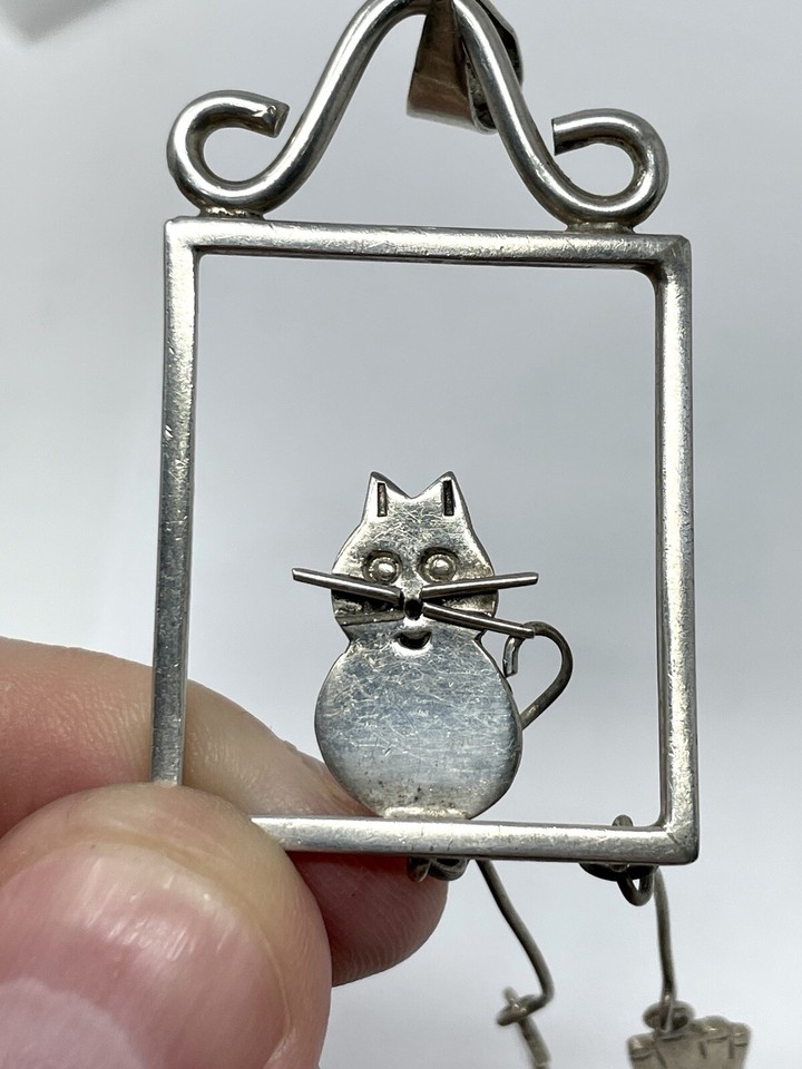 MEXICO 925 Silver Vintage Love Heart Cutout Sitting Cat Square Pendant eBay