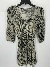 Express Dress Womens XS Tan Black Abstract Scoop Neck Chiffon Belted Shift