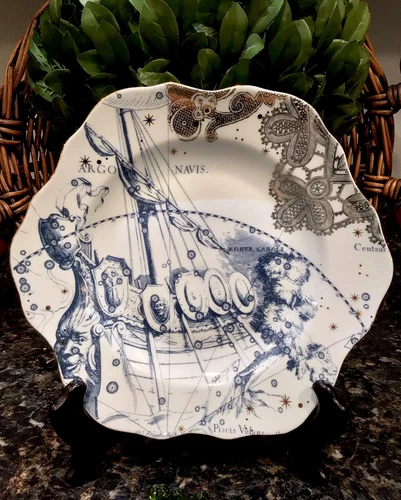 Anthropologie CELESTIAL SKY Scalloped Gold Platinum Ship Argo Plate ~ EXCELLENT!