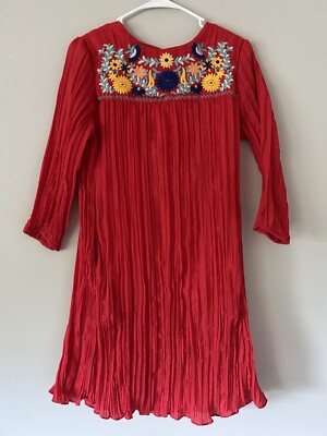 knee length dresses for ladies Red Boho Eyelet Cotton Puff Sleeve Mini Dress main image 1
