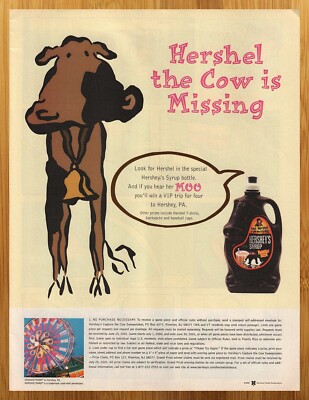 2000 Hershey's Syrup Vintage Print Ad/Poster Chocolate Milk Cow Theme Park Art