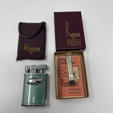 1950s Rare Vintage Ronson Gem Pocket Lighter Art Deco Metal & Green Enamel w Box