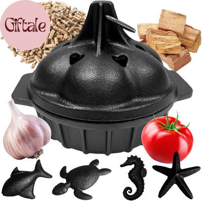 Small Cast Iron Garlic Roaster with 4 Iron Fish, Pre-Seasoned Smoker Roaster, Ga